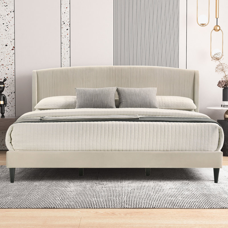 Lit tapissier Jolande, Très grand lit, Beige