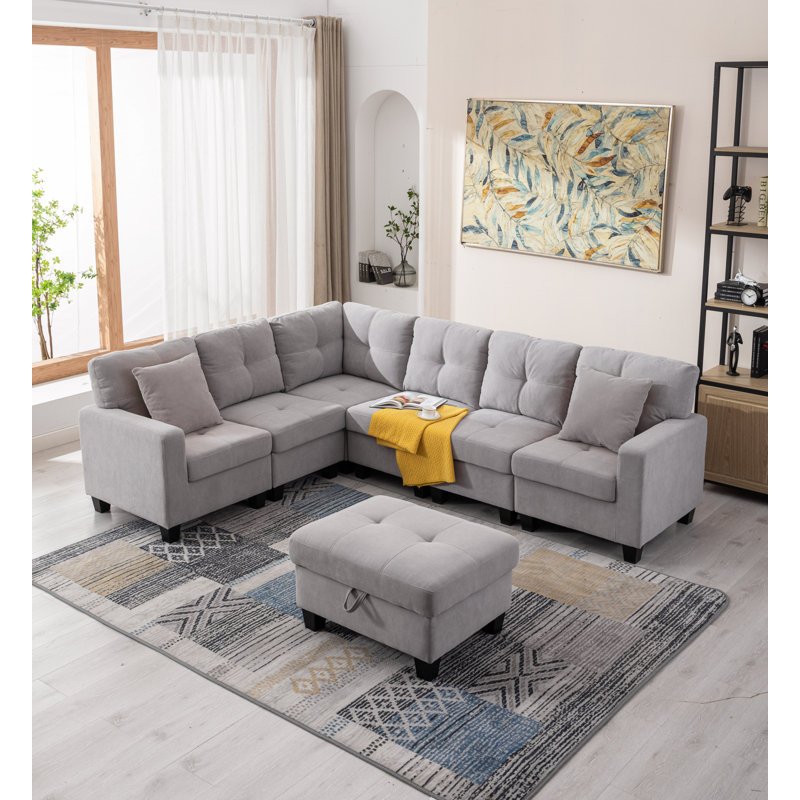 Ensemble de canapé modulaire réversible de coin et repose-pieds, Polyester gris clair