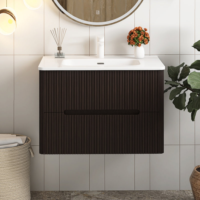 30'' Wall Mounted Single Bathroom Vanity With Ceramic Top, Black