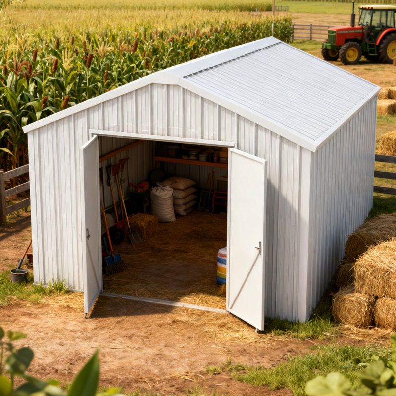 Unité de rangement extérieure: remise de garage en métal de 12 pi x 20 pi avec portes doubles, ensemble d'ancrage en béton, remise simple à cadre en acier de calibre 14, finition crème, balançoire