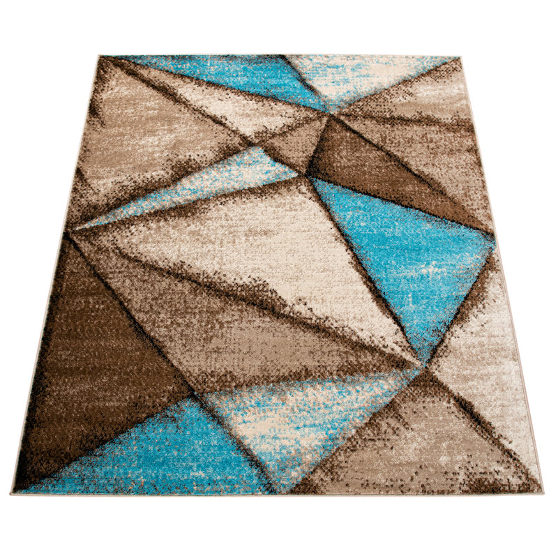 Carpet Living Room Geometric Pattern Vintage Short Pile Modern Blue Beige Brown, Rectangle 80 x 150cm