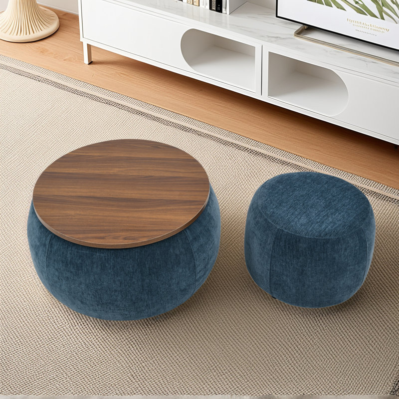 Round Storage Ottoman, 2 In 1 Function, Work As End Table And Ottoman,with Small Seat, Brown, Blue