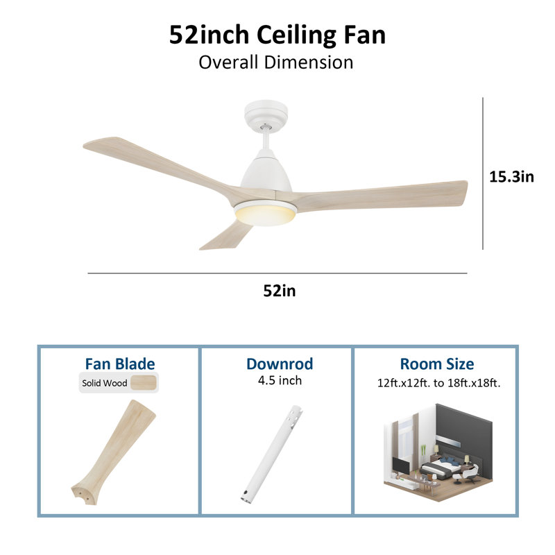 Gedin 52” Ceiling Fan with Light and Solid Wood Fan Blades