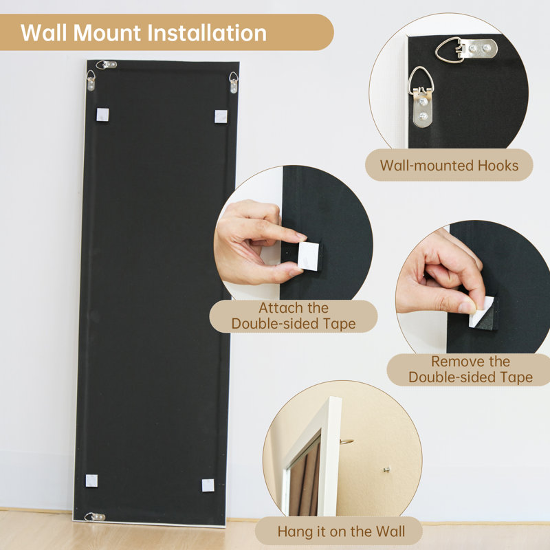 44" x 16" Framed Full Length Mirror, Wall-Mounted or Over the Door Mirror With 2 Adjustable Height , White