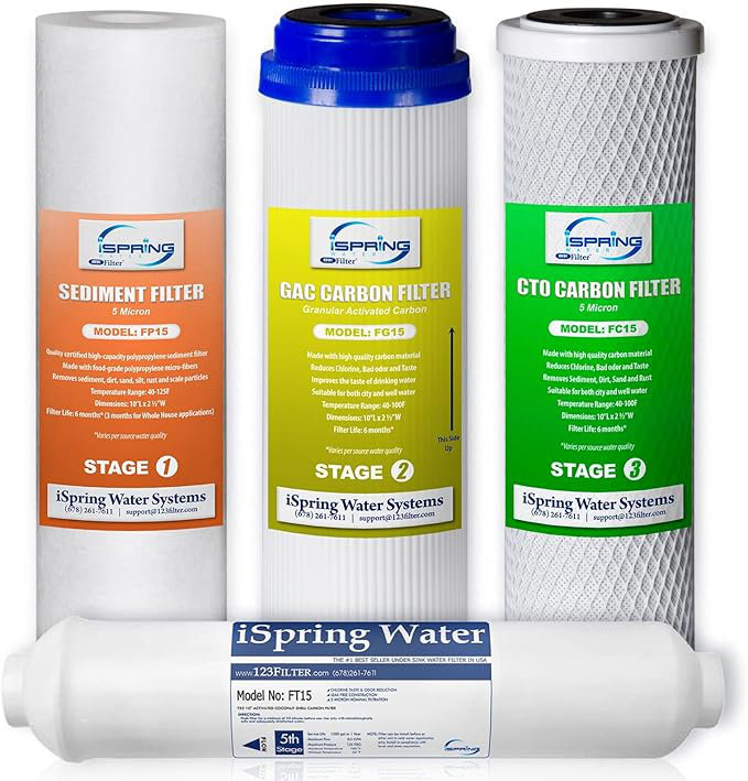 iSpring F4 certifié NSF / ANSI 58 pour les systèmes d'osmose inverse standard avec ensemble de cartouches filtrantes de rechange en carbone, lot de 4 (paquet de 1), blanc, 4 pièces