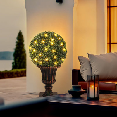 Pre-Lit Artificial Boxwood Topiary Ball Set of 2 – 16" Faux Shrubs with 40 LED Lights, 8 Lighting Modes, Remote, Timer, UV Resistant, Red Urn Base, Indoor Outdoor Wedding Garden Decor