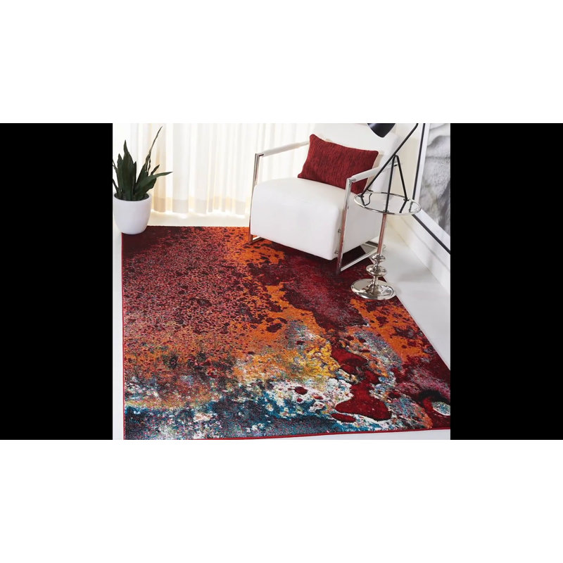 Red and Orange Abstract Synthetic Runner Rug, 2'3" x 14'