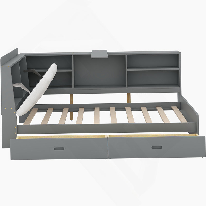 Lit plateforme en bois avec tête de lit, tablettes et 2 tiroirs, Gris antique