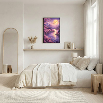 Art sur toile, fleurs de cerisier roses et montagnes mauves sous la lune