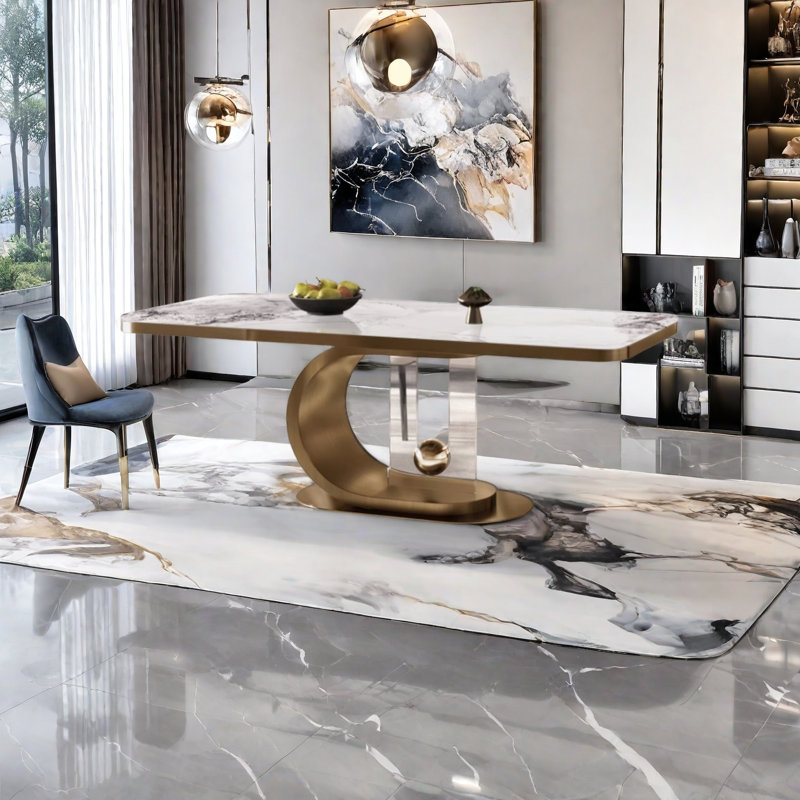 Table de salle à manger en pierre frittée avec base en acier acrylique, H 29,5 po x L 70,8 po x l 35,4 po, Blanc, Doré
