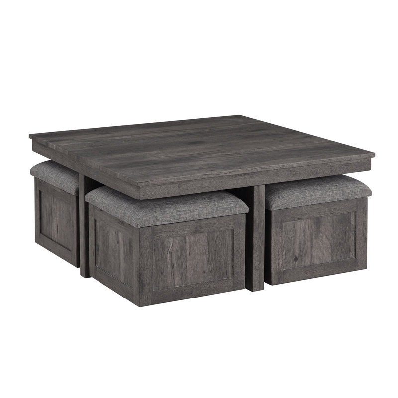 Table basse carrée avec 4 tabourets de rangement rustiques, Rustique
