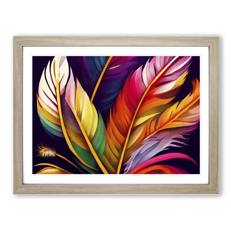 Magnetic Bird Feathers - Single Picture Frame Print, 46cm H x 64cm W x 2cm D, Oak