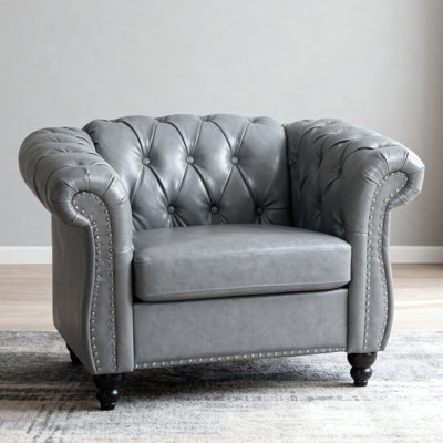 38.98" Chesterfield Armchair, Faux Leather Tufted Accent Chair with Rolled Arms and Nailhead Trim