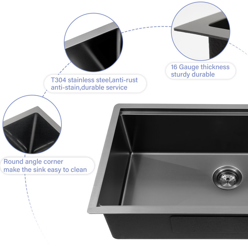 33" L x 19" W Single Bowl Stainless Steel Undermount Kitchen Sink, 10" H x 33" W x 19" D
