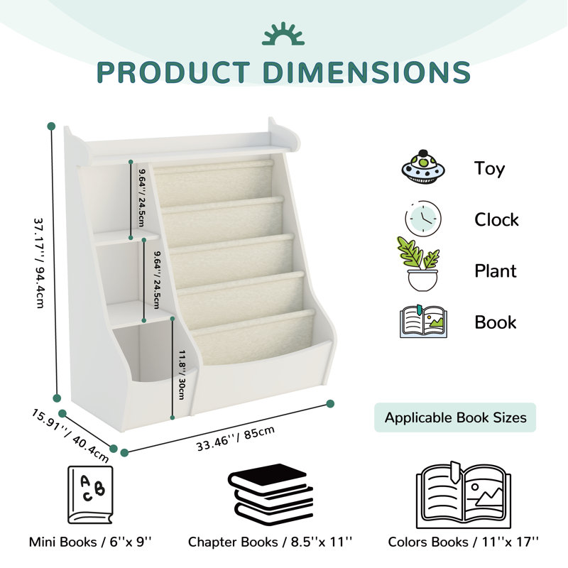 Kreena 37.17"H x 33.46"W 4 Tier Book Display Bookcase Bookshelf with Storage Organizer, White