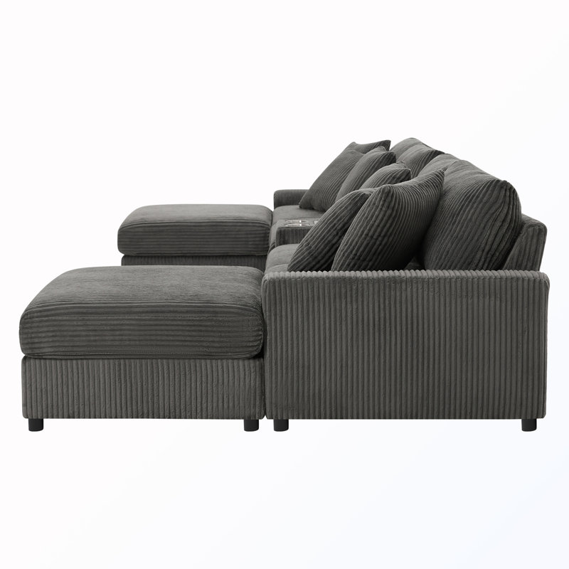 Canapé modulaire rembourré en U avec haut-parleurs Bluetooth et console, chargeur USB et repose-pieds, Dark Gray Corduroy