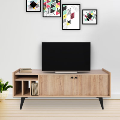 Meuble télé moderne avec option de fixation murale, chêne et noir, 59,1 po x 15,7 po x 15,7 po | 100% panneau de particules enduit de mélamine, épaisseur: 0,7 pouce | Plusieurs tablettes, pieds robustes en plastique, design scandinave pour des salons élégants
