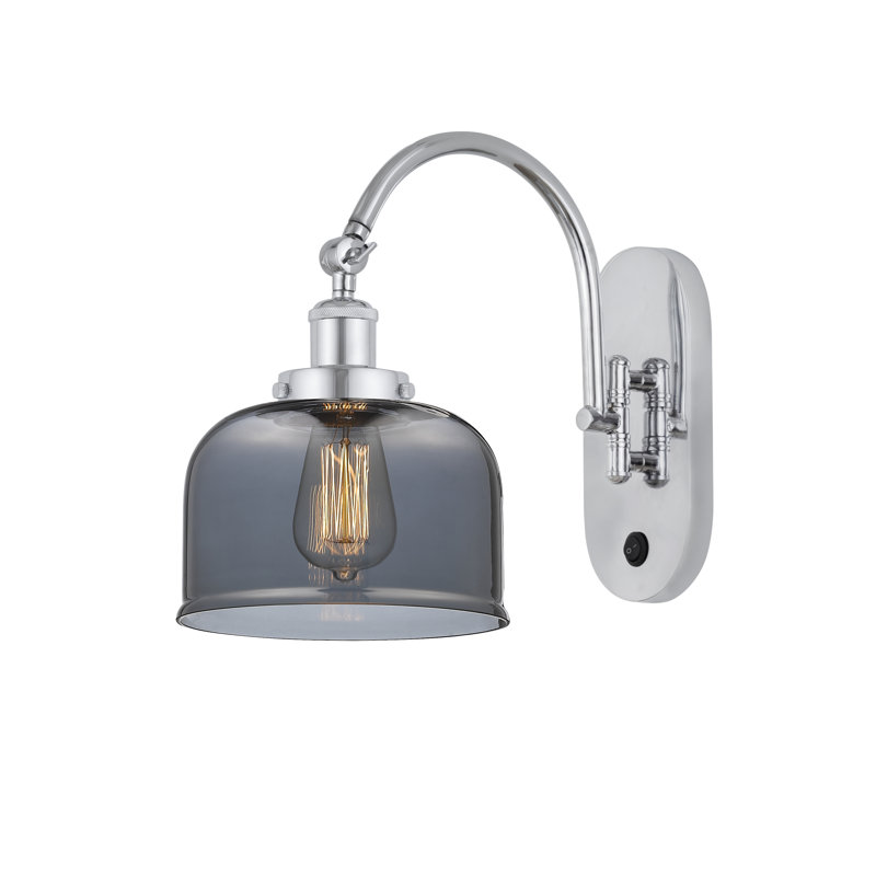Applique murale articulée en métal 1 lumière avec abat-jour cloche en verre Shauna, Incandescente, Fumée plaquée, Chrome poli