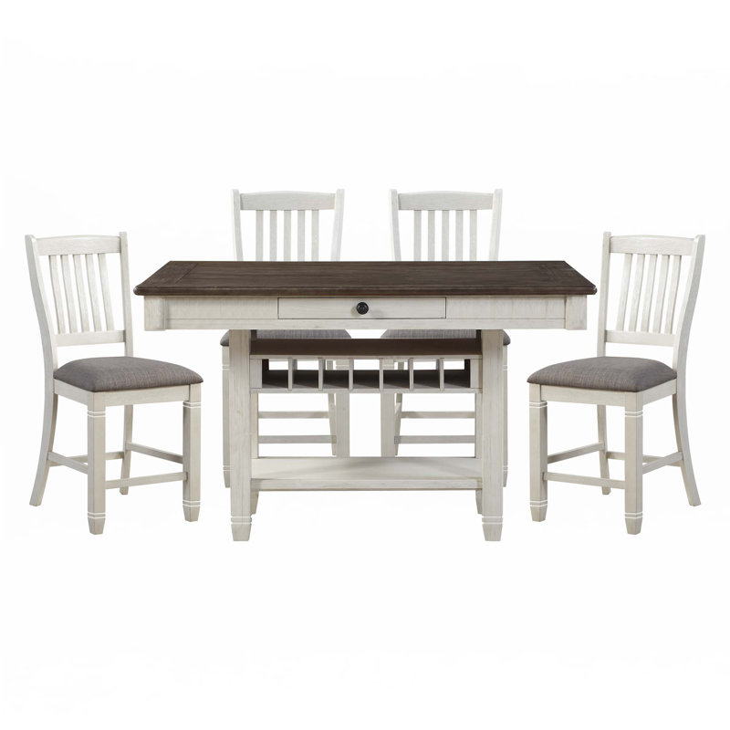 Ensemble de salle à manger à hauteur de comptoir 5 pièces de style classique, Blanc antique, Crème/gris