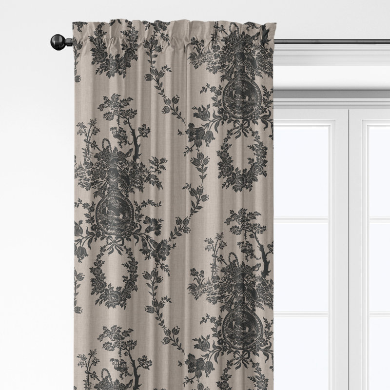 Country Lane Toile Ebony Cotton Rod Pocket Drapery Panel Set of 2, 50" W x 48" L