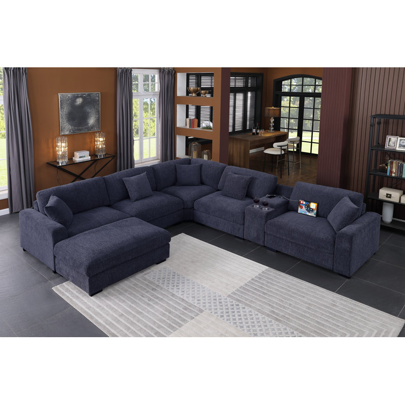 Modern Upholstered Cloud Modular Corner Sectional Sofa With Consoles, Dark Blue Chenille, 36" H x 137.5" W x 124" D