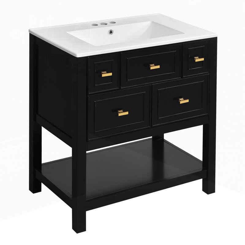 Ensemble de meuble-lavabo autoportant avec 5 tiroirs en céramique, Noir, noir, noir, noir