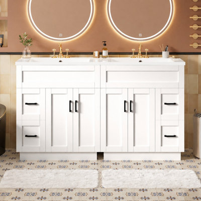 Meuble-lavabo 60 po avec 4 portes d'armoire, 4 tiroirs, 2 tablettes réglables, deux lavabos en résine, des tiroirs cachés à fermeture en douceur et des charnières à fermeture en douceur