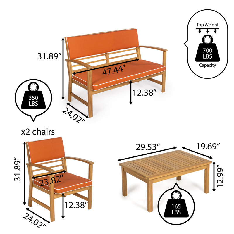 Ensemble de conversation d'extérieur en bois d'acacia 4 pièces Barclay, Orange