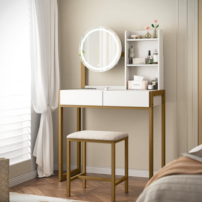 Small Vanity Desk With Mirror And Lights, Makeup Vanity Table With LED Mirror, 3 Lighting Modes, Power Outlet, Drawer, Open Shelves And Cushioned Stool For Bedroom (White And Gold)