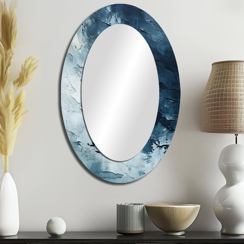 White And Blue Abstract Element Fight II - Abstract Oval Decorative Mirror On Metal, 36" x 24"