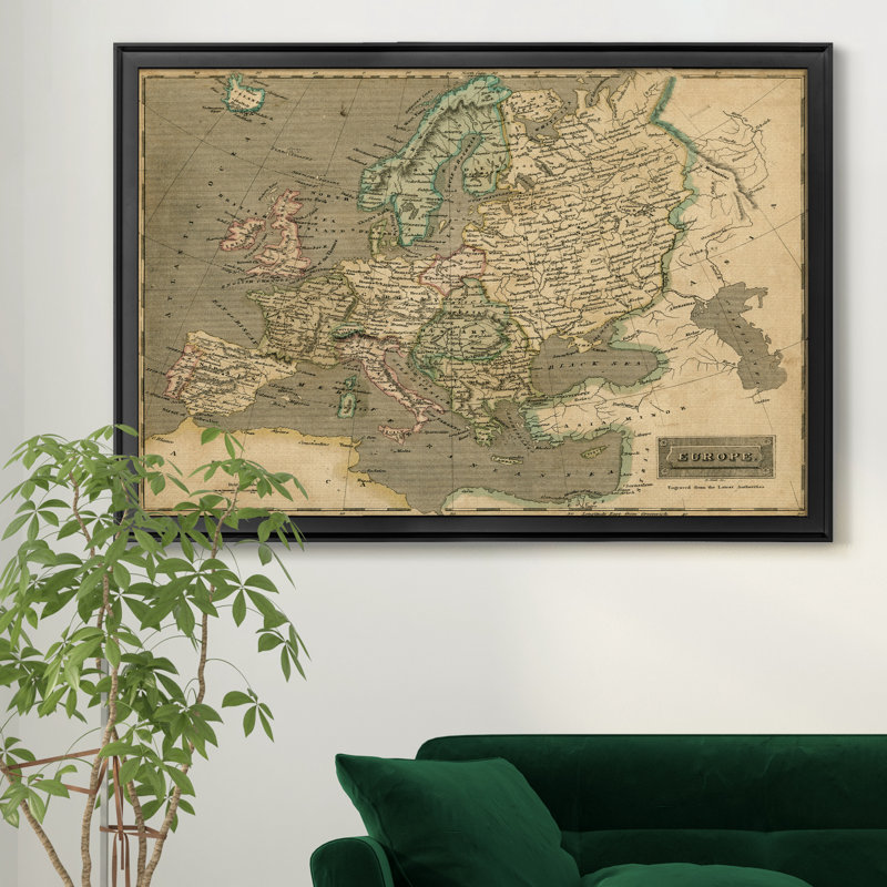 Carte de l’Europe par Thomson-impression d’art graphique sur toile encadrée, H 22,5 po x l 30,5 po x P 1,5 po, Cadre noir