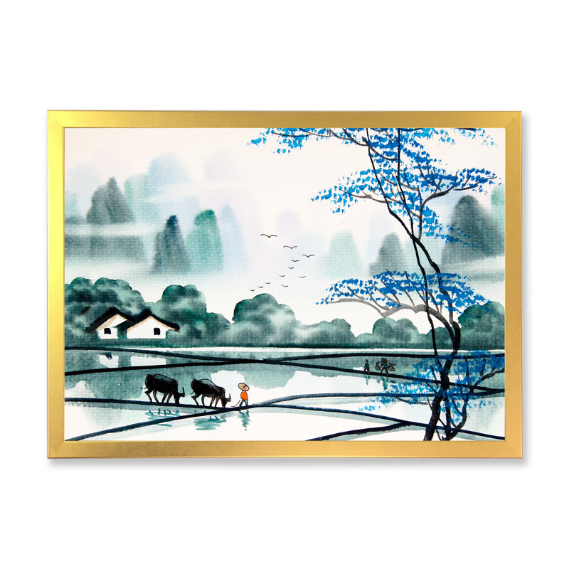 " Chinese Landscape Painting ", 24" H x 36" W x 1" D, Gold Picture Framed Canvas
