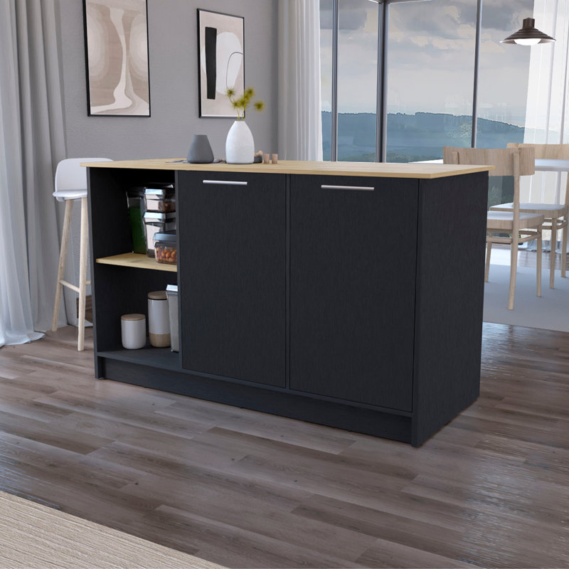 Mercury Kitchen Island with spacious Countertop, Double Door Cabinets, and 2 Open Storage Shelves, Black