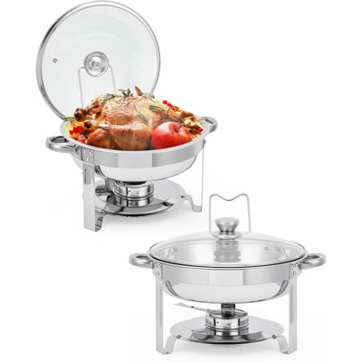 Ensemble de chauffe-plat rond en acier inoxydable 6 pièces - Buffet 5QT avec couvercle en verre, support de couvercle et support à carburant
