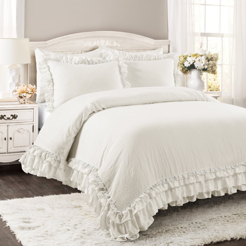 Ensemble d'édredon en microfibre Ella Shabby Elegance, Édredon double / grand + 2 taies décoratives sta, Blanc