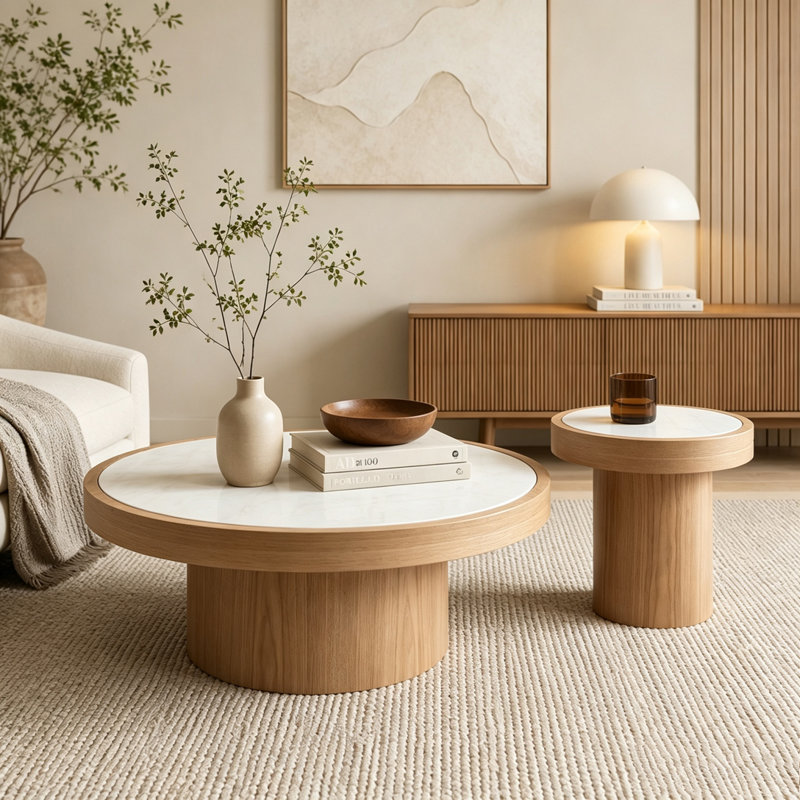Table basse ronde en panneau de fibres à densité moyenne, Naturel （Table + table de bout