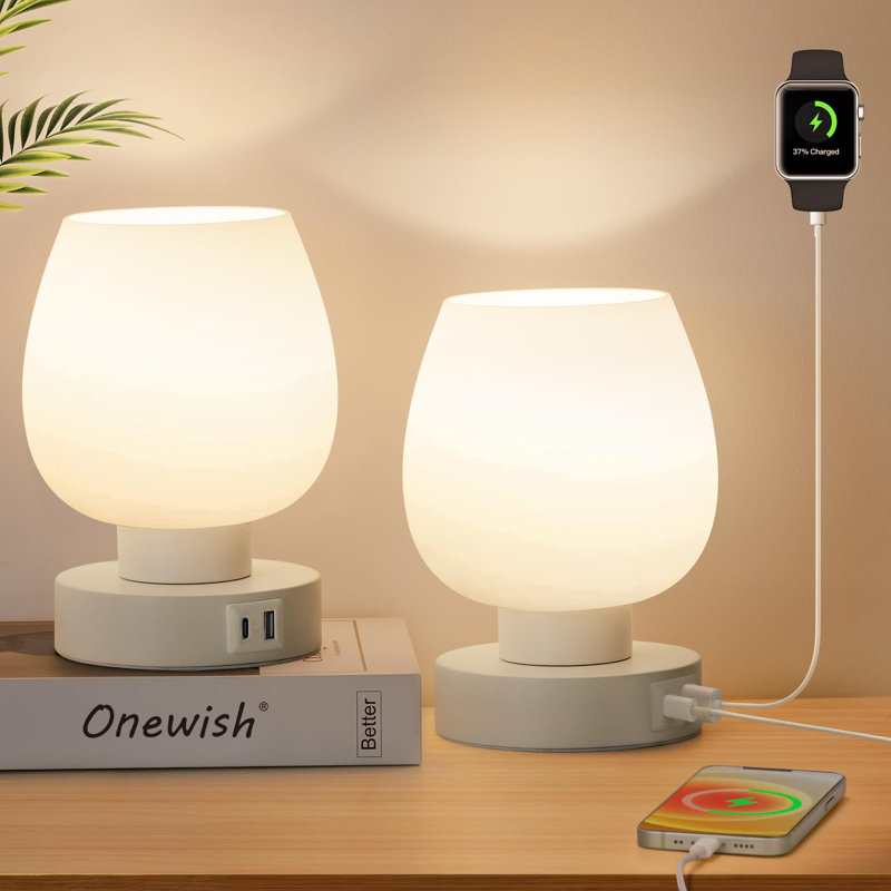 Touch Bedside Table Lamp Set Of 2 - Modern Nightstand With USB-C&A Charging, 3-Way Dimmable LED Desk Lamp, White Opal Glass Shade