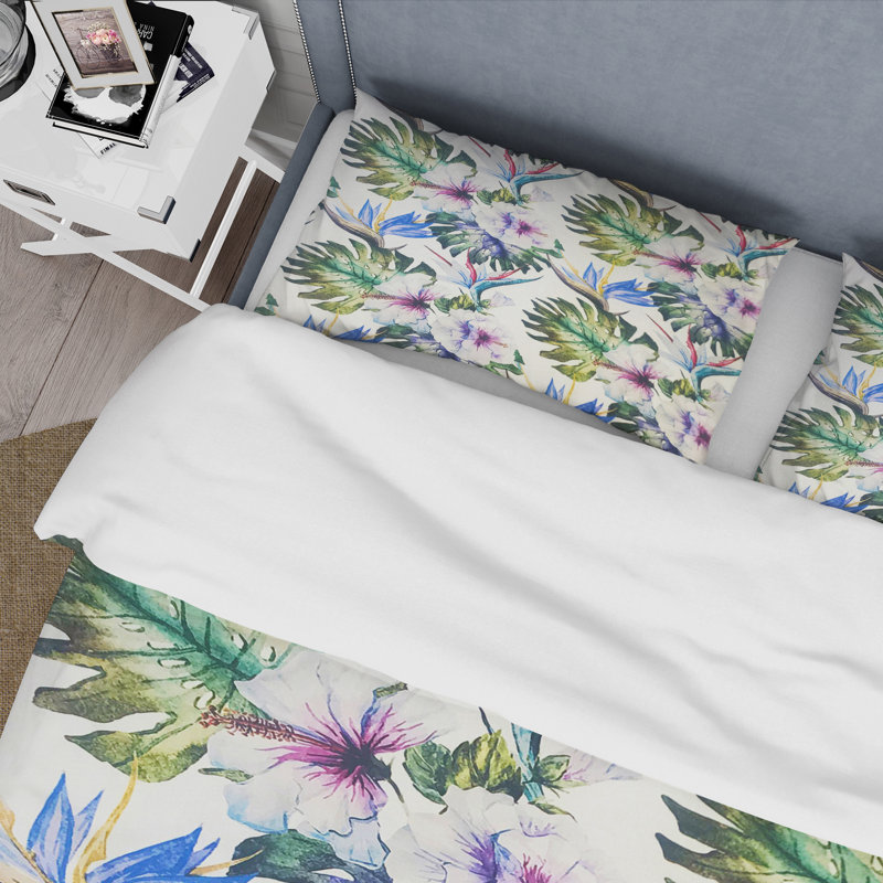 Tropical Duvet Cover Set, Twin Duvet Cover + 1 Sham, Watercolor Hibiscus