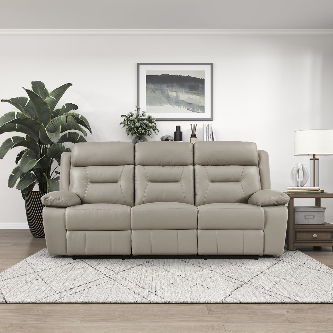 Sitz 87'' Transitional Manual Double Reclining Sofa - Leather Sofa with Genuine Top-Grain Leather, Plush Pillow-Top Arms, Durable Wood & Metal Frame Red Barrel Studio® 