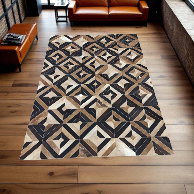 Tapis en peau de vache brun fait à la main - Tapis géométrique pour salon et chambre à coucher, Tapis de couloir 2 pi x 6 pi