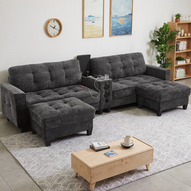 Canapé modulaire en forme de U de 126 po avec haut-parleurs Bluetooth, lumières DEL et console de rangement, canapé modulaire en chenille avec 2 repose-pieds de rangement mobiles, canapé de salon multifonctionnel