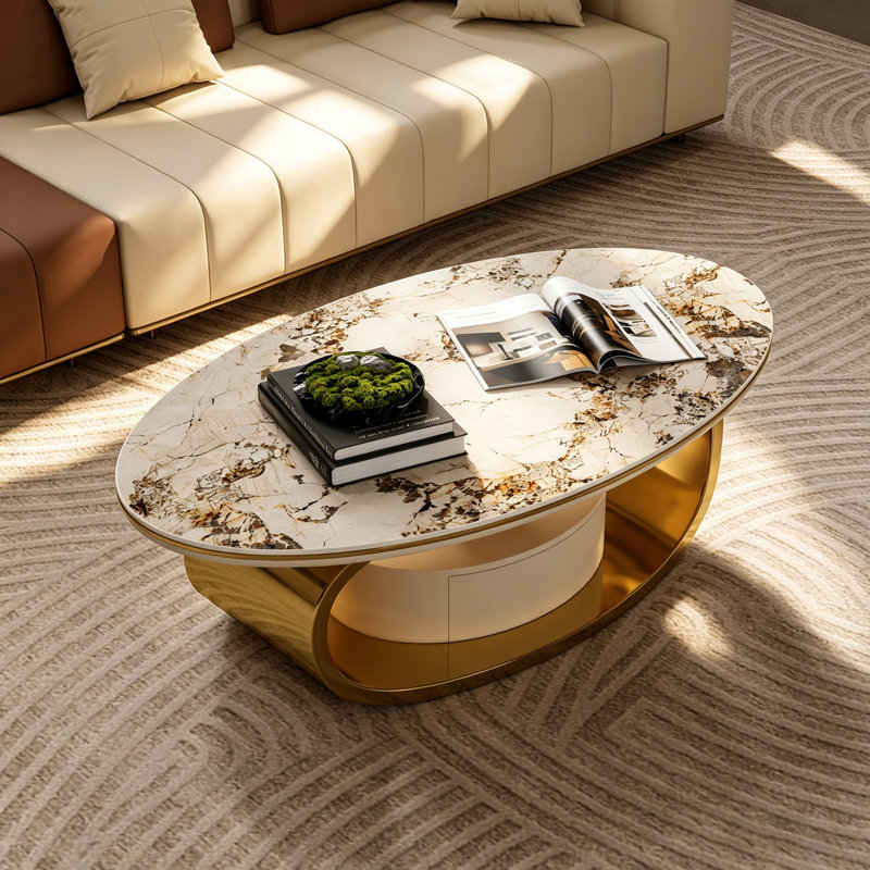 Table basse ovale contemporaine 55 po avec surface en pierre frittée et tiroir caché