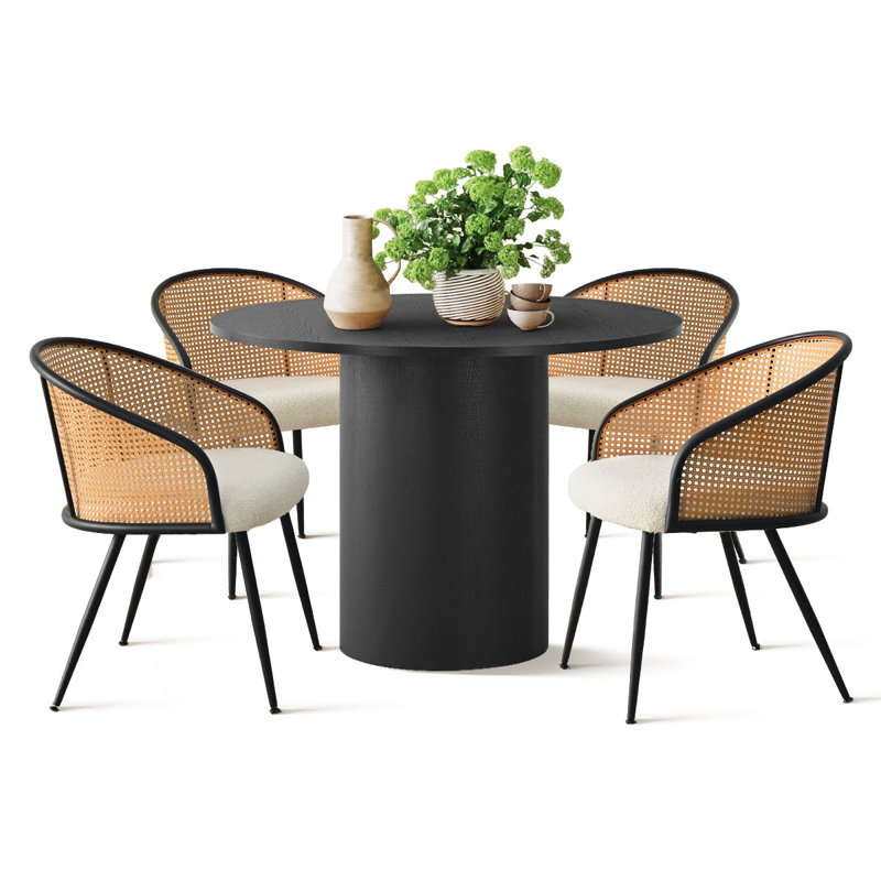 Castner 4 - Person Dining Table Sets With 41.5'' Round Table & 4 Upholstered Boucle Armchairs, Black
