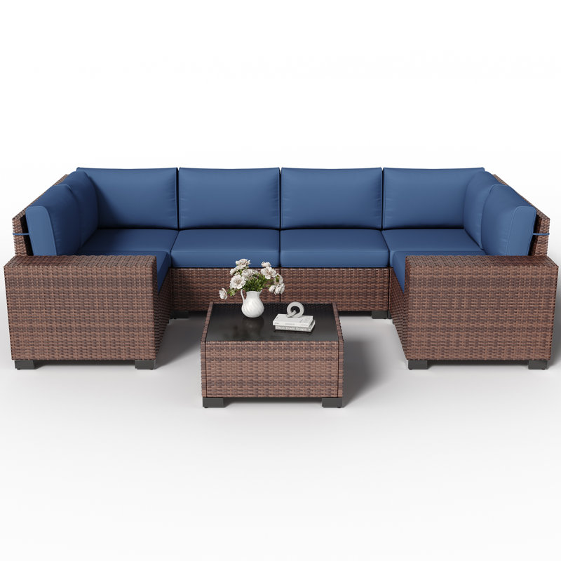 5 - Person Outdoor Rattan Sectional Seating Group With Cushions, Brown, Navy