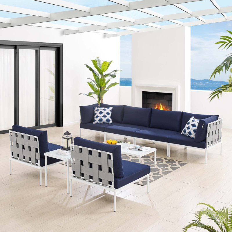 Ensemble de canapé modulaire d'extérieur en aluminium 8 pièces Sunbrella Harmony par Modway, Sunbrella® bleu marine