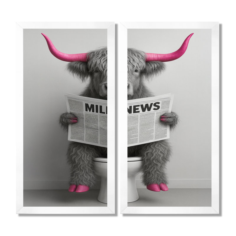 «Pink Highland Cow lecture sur la toilette», reproduction d'art sur toile, 2 pièces, H 36 po x l 48 po, Avec cadre, Blanc