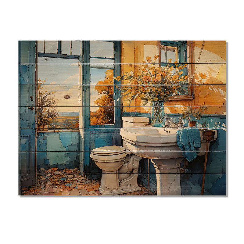 «Bathroom Bathroom Turquoise I» sur bois, H 30 po x l 40 po x P 0,78 po