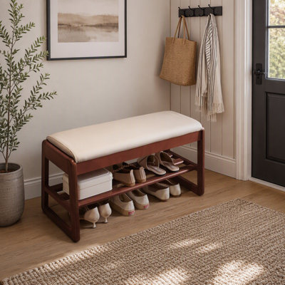 31" Off White Rubber Wood Shoe Storage Bench, Brown Wood Solid Wood Legs for Living Room Bedroom Entryway