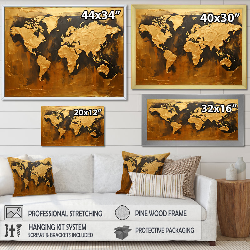 Carte du monde noire et dorée, impression sur toile, H 16 po x l 32 po x P 1 po, Cadre flottant doré