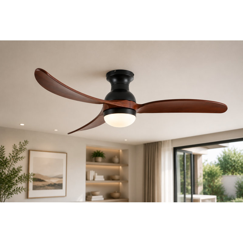 52" Modern Flush Mount Ceiling Fan with LED Light Kit, CCT Dimmable Light, Remote Control, Matte Black Finish with Dark Walnut Wood Blades
